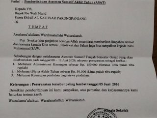 Wali Murid Kecewa, SMAS AL-KAUTSAR Parungpanjang Meminta Biaya Rp 1Juta Persiswa    
