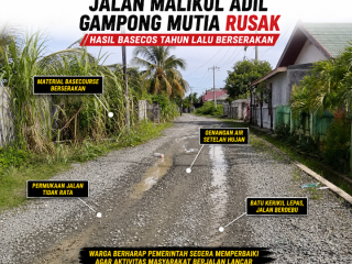Jalan Malikul Adil Gampong Mutia Rusak Hasil Basecos Tahun lalu Berserakan